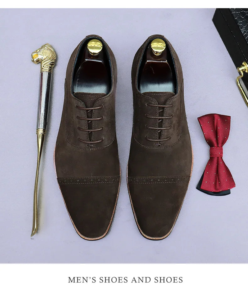 Business Casual Leather Shoes Men's Handmade Three-Joint Genuine Leather Men's Frosted British Suede Leather Lace-Up Men's Shoes