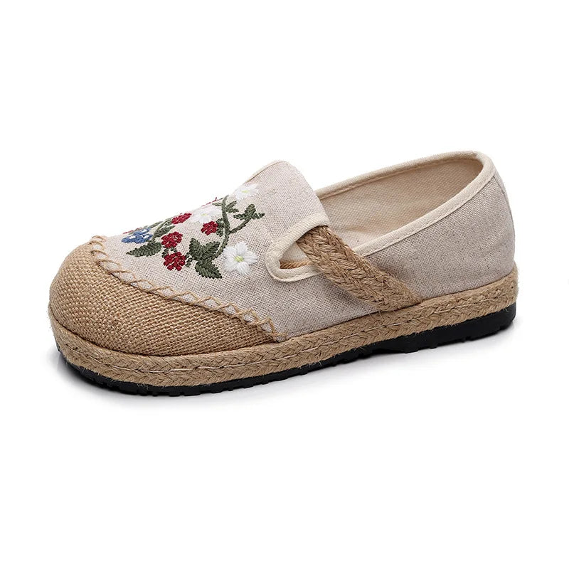 Canvas Shoes Women Linen Retro Bohemian Slip-On Flat Comfortable Loafers Ladies Casual Embroidered Hemp Sole Sneakers