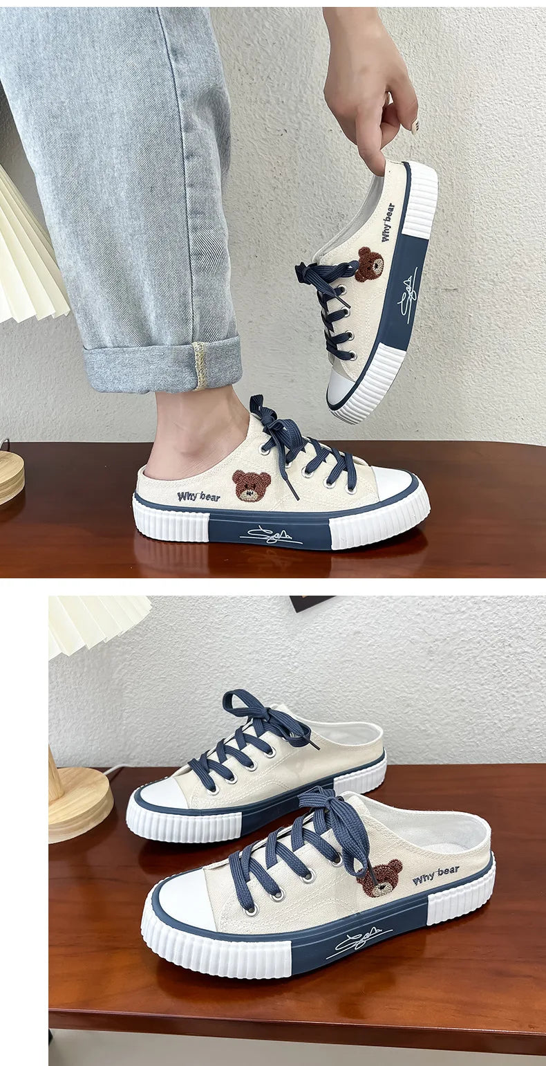 Women Cute Bear Canvas Shoes New Flat Casual All-match Half Slippers Korean Version Trend Lace Up Ladies Vulcanized Shoes 2024