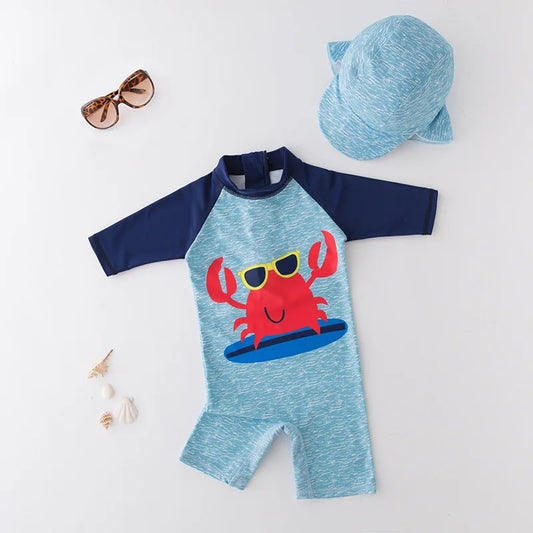 Baby Boy Swimsuit/Kids Conjoined Swimwear with Swimming Cap/Crab Pattern Beach Sunscreen Surfing Swimsuit 3207