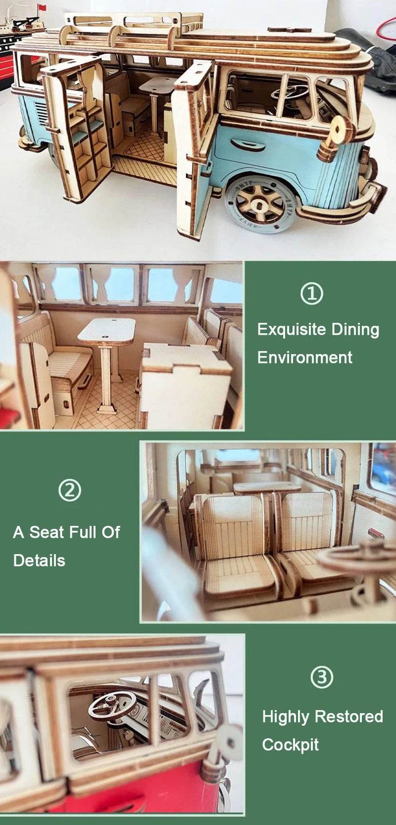 Retro Bus European-style Campervan 3D Wooden Car Puzzle DIY Sailing Ship Airplane Building House Model Jigsaw Toys For Children - AIAZ