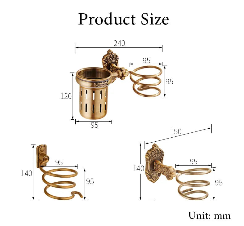 Hair Dryer Holder Aluminum Antique Bathroom Shelf Storage Nail Free Wall Shelf Mounted Organizer Spiral Stand Toothbrush Holder