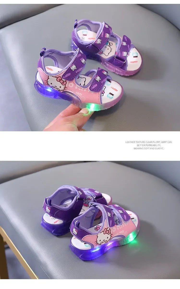 2024 Summer Baby LED Light Sandals For Girls Cute Hello Kitty Children's Casual Shoes Anti-slip Kids Beach Shoes Outdoor Shoes