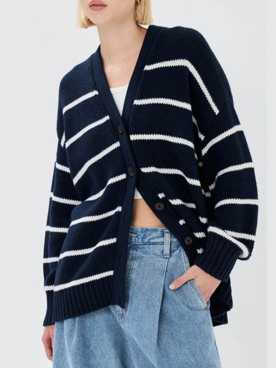 Striped Knitted Cardigan for Women European and American Style New Autumn and Winter 2025 V-Neck Long Sleeve Cardigan Sweater - AIAZ