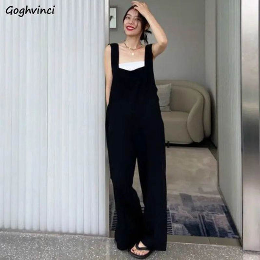 Black Jumpsuits Women Baggy Chic Thin Summer Fashion Temperament Casual Pockets Vintage Streetwear Lady Korean Style Minimalist - AIAZ