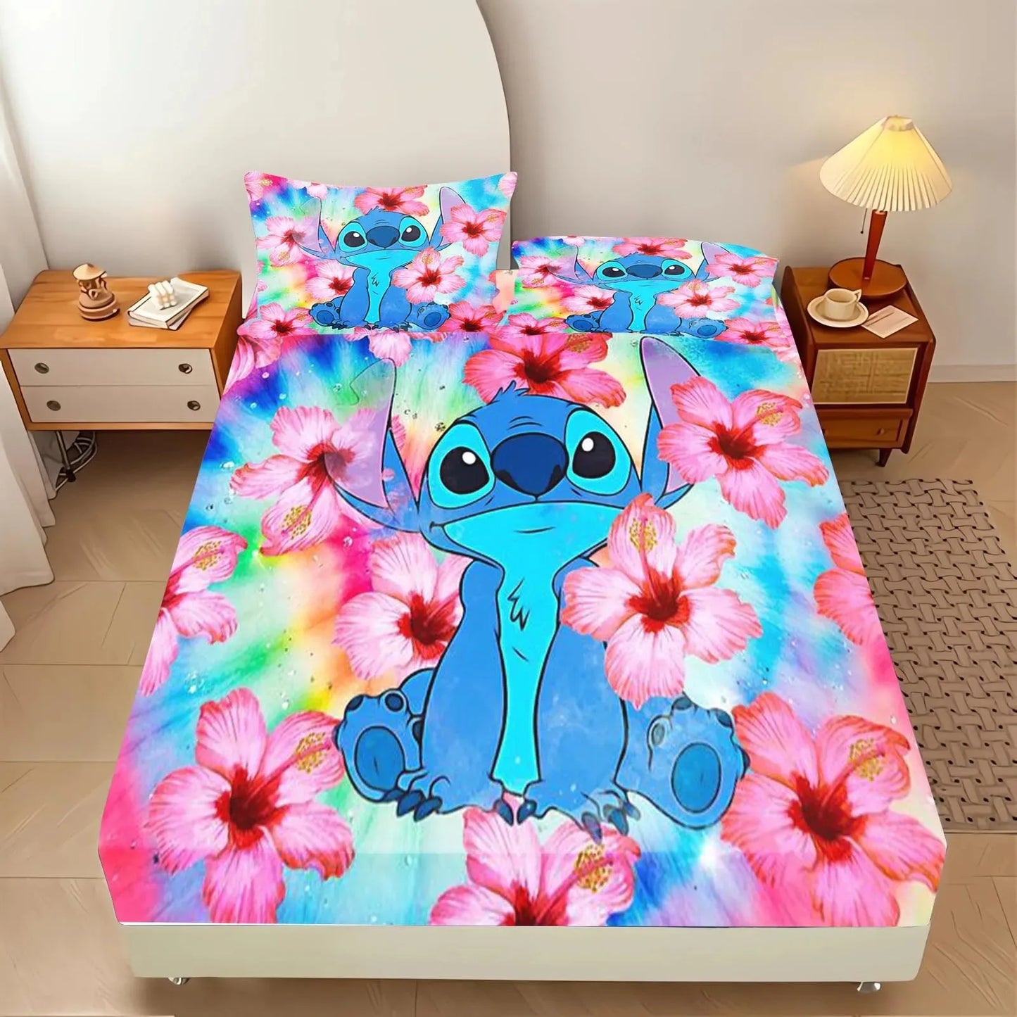 Stitch Bedding Set Fitted Sheet 3pcs,Cartoon Printed With Pillowcase,Suitable For Children And Adults 3D Bedding