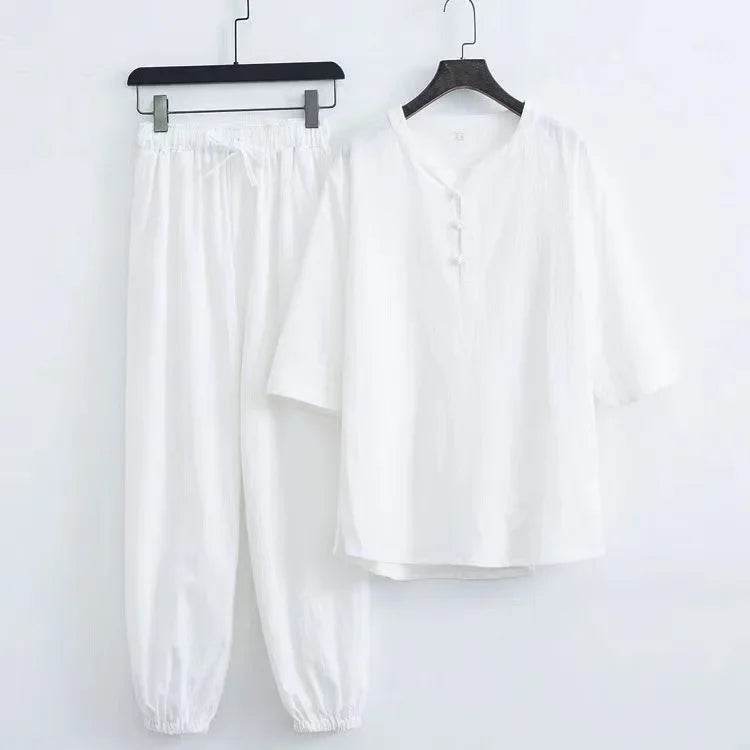 New Men's Cotton Linen Sets Chinese Style Solid Short Sleeve Pants Two Pieces Traditional Clothes Kung Fu Uniform Tang Suit Male - AIAZ