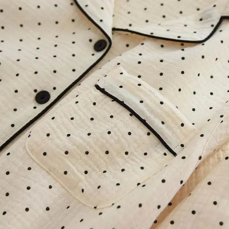 2025 Spring and Autumn New Women's Pajama Set 100%cotton crepe long-sleeved trousers two-piece polka dot cute home wear thin set - AIAZ