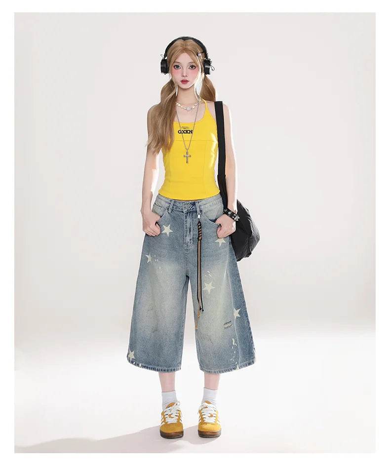 Street Y2K Vintage Washed Cat Whiskered Style embroidered Bermuda Jeans Knee Length Denim Jorts Casual Shorts Cropped Trousers - AIAZ