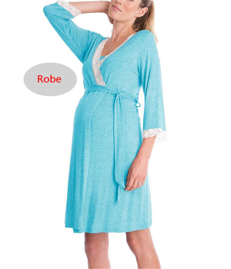 Maternity Robe Nightgown Pregnant Women Nursing Nightwear Lace Sleepwear With Adjustable Belt Pajama Dress Pregnancy Clothes