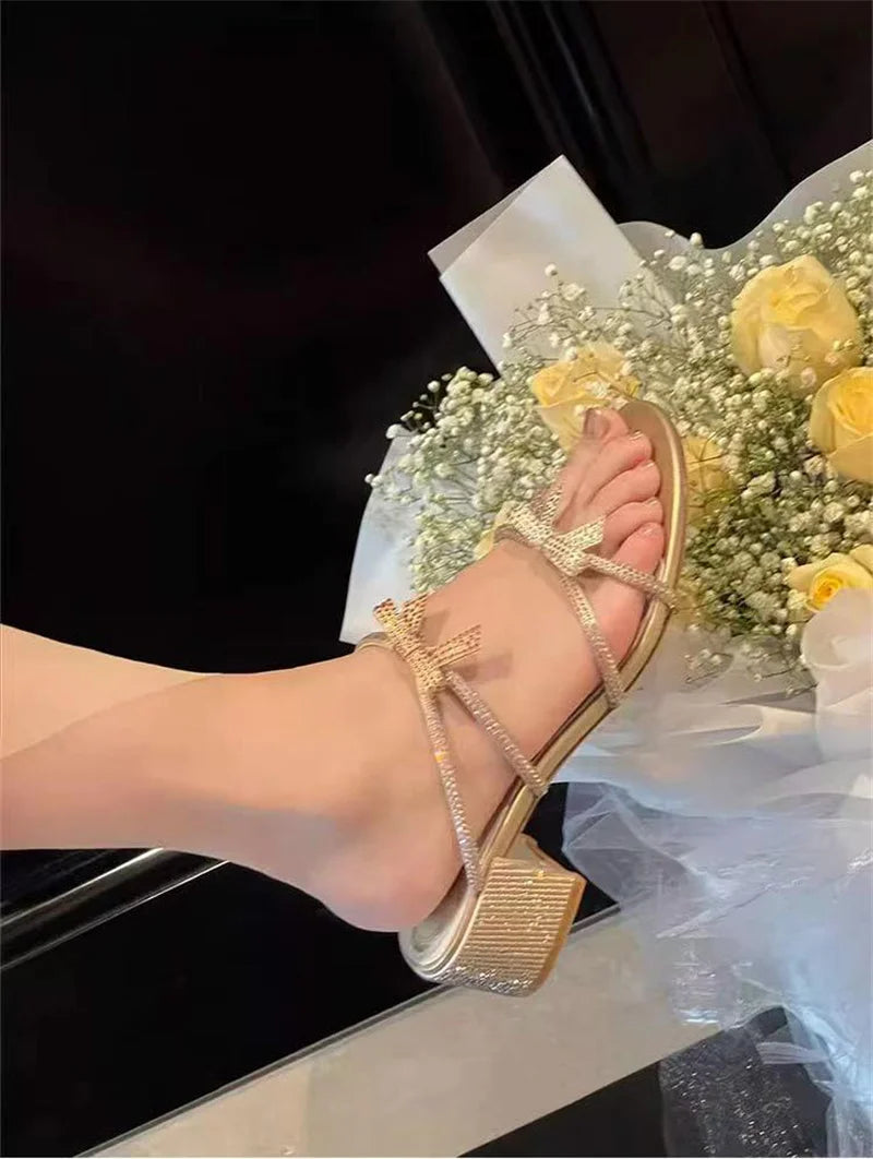 Hlieny Silver Crystal Bowknot Slipper Summer Outdoor Sandal Women Square Low Heel Beach Slip On Flip Flop Slides Shoes Size 40