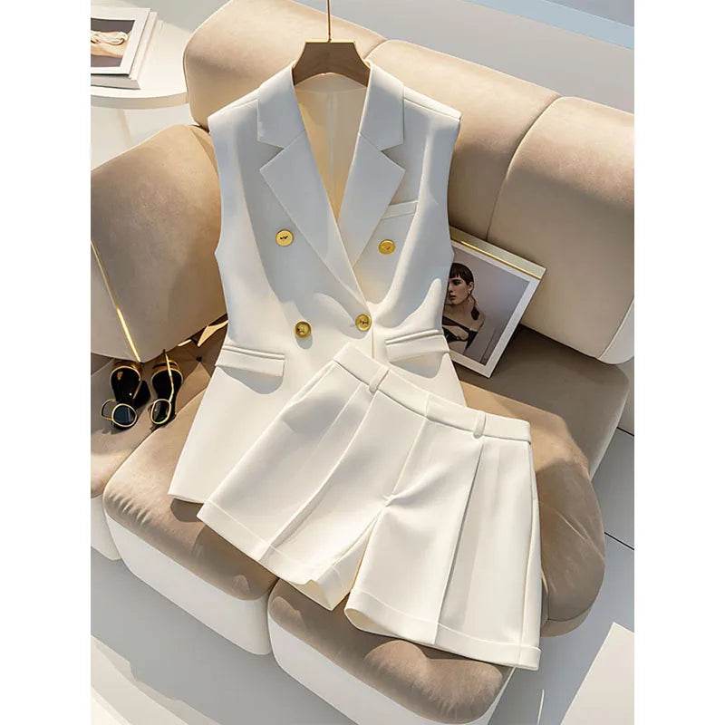 Ele White Suit Vest And orts Two-Piece Set for Women Profional Faionable ature Size Summer Outfit - AIAZ