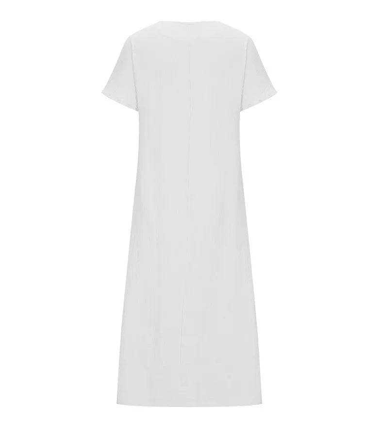 Boho Vintage Embroidered Cotton Linen Long Dresses Women Summer 2025 New V Neck Split Hem White Dress Beach Party Dress Robe - AIAZ