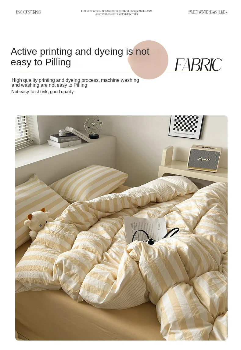 Washed Cotton Double Yarn Crepe Striped Quilt Set 3-4 Pillowcase with Sheet Bedding Cover Supplies 200x230 220x240 Skin Friendly