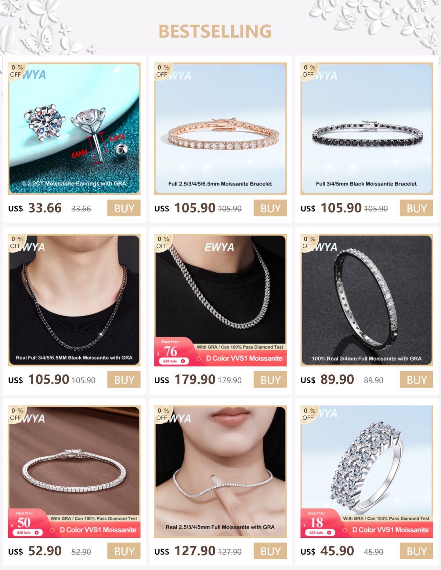 EWYA Luxury Bubble 2/3mm D Color Full Moissanite Tennis Necklace for Women S925 Silver Plated 18K Diamond Neck Chain Necklaces