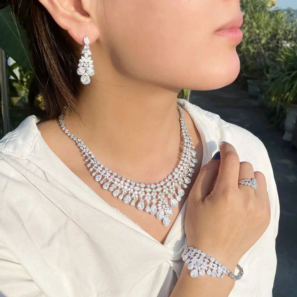 2025 Zircon Super Deluxe Tassel Water Drop Big Wedding Bridal Necklace Earrings 4 Pieces Nigerian Dubai Women's Jewelry Set