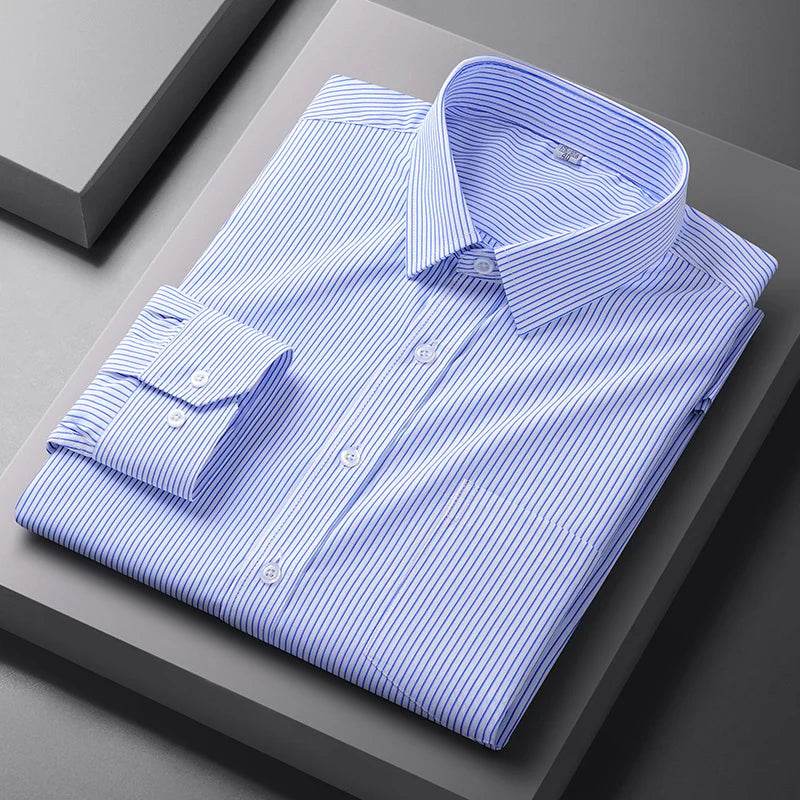 Men Formal Shirt Long Sleeve Office Solid Color Striped Anti-Wrinkle Fashion Business Pocket White Social Pocket Shirt S-4XL - AIAZ