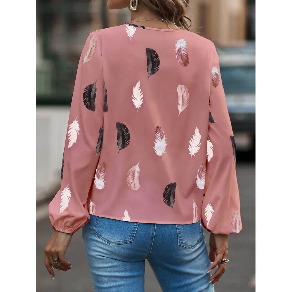 Fashion Woman Blouse Shirts For Women Stylish Top long Sleeve Feather Pattern Female Tops Elegant Chiffon Mujer Woman Clothes - AIAZ