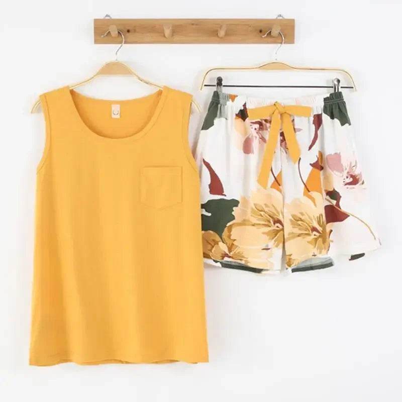 New women's pajamas set summer Cotton solid color top print shorts sleepwear Korean kawaii home clothes pijama two piece set - AIAZ