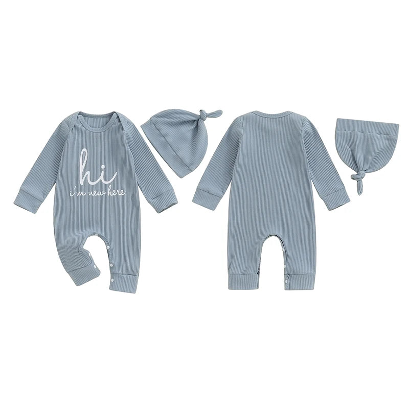 2024-05-08 Lioraitiin Baby Boys Romper Letter Print Long Sleeve Crew Neck Jumpsuits Spring Casual Infant Bodysuits with Hat