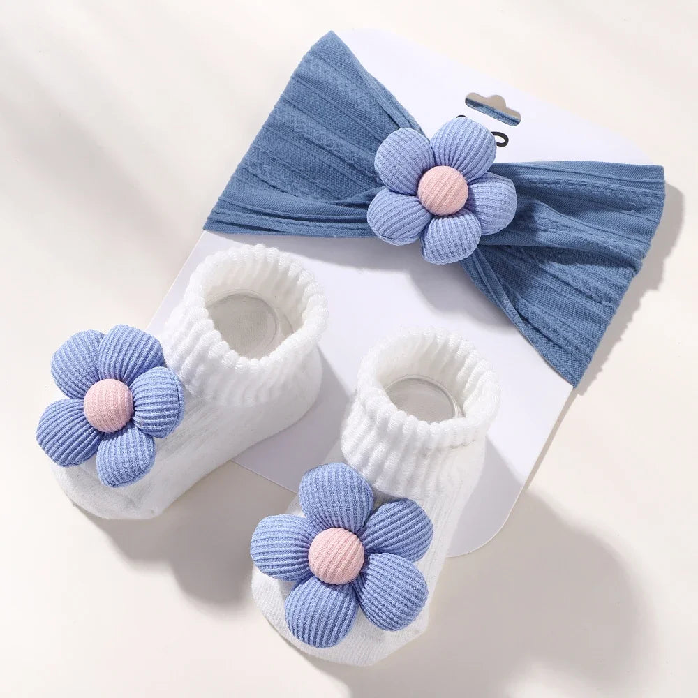 2Pcs Flower Baby Headband Socks Set Soft Nylon Hairband for Newborn Girl Elastic Floral Turban Short Sock Infant Headwear