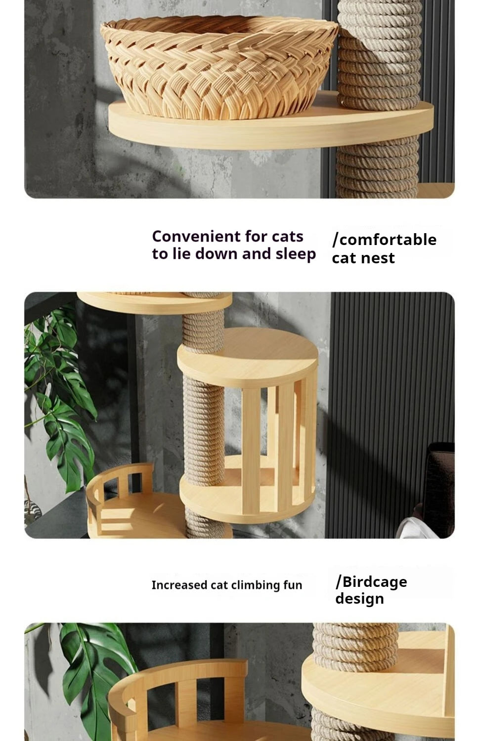 Adjustable Cat Tree House Tower Multi-function Floor To Ceiling Wooden House Tower Soft with Pet Condo Flannel Hammock Bed