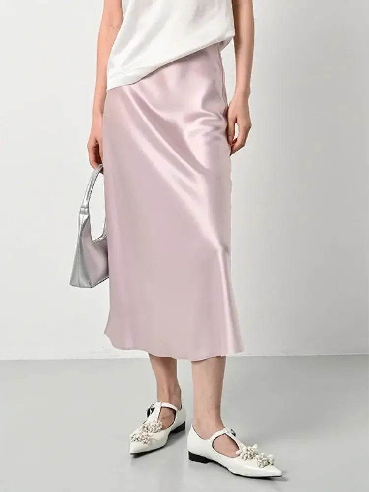 High Waisted Satin Long Skirts for Women Spring/Summer New 2025 Women's Skirt A-line Fashion Elegant Slim Fit Grey Black Skirt - AIAZ