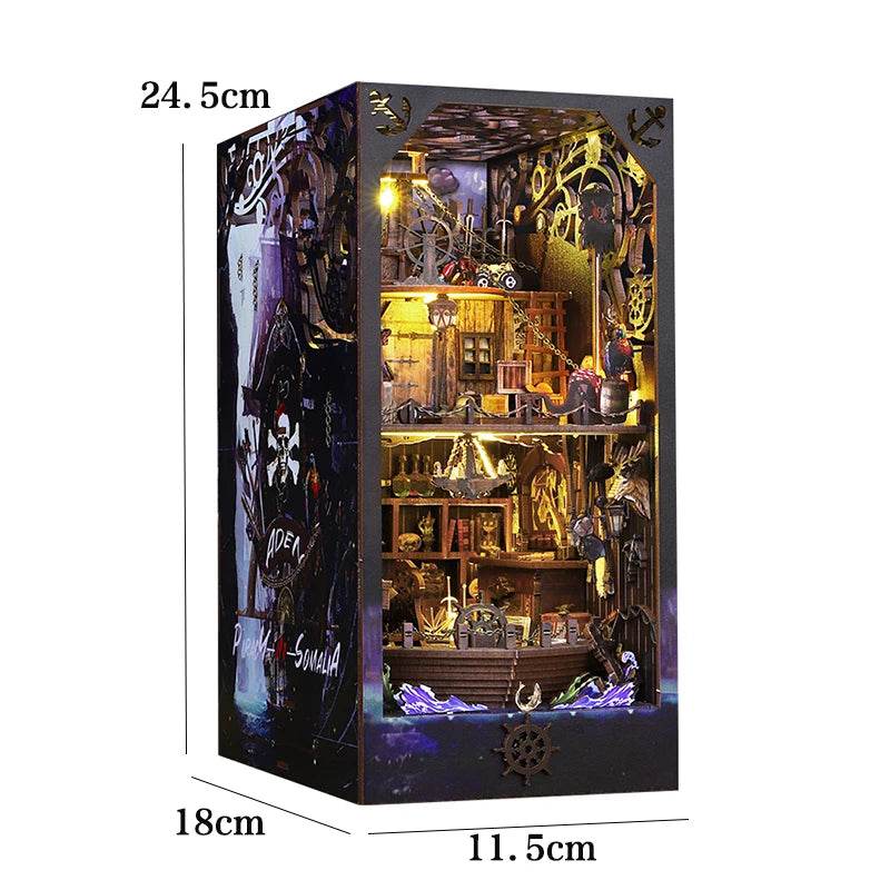 DIY Book Nook Shelf Insert Kit 3D Wooden Puzzle Doll House Assembly Building Model Bookends With Furniture LED Light Xmas Gifts - AIAZ
