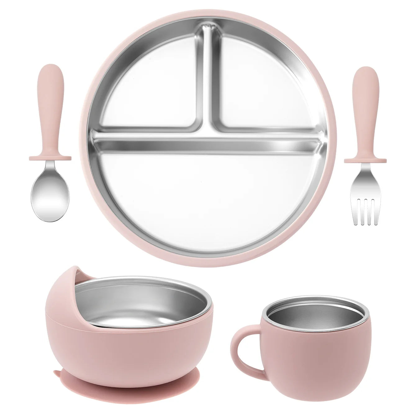 5PCS Stainless Steel Detachable Dishes Plate Baby Feeding Set With BPA Free Silicone Bowl Cup Infant Training Fork Spoon Gifts