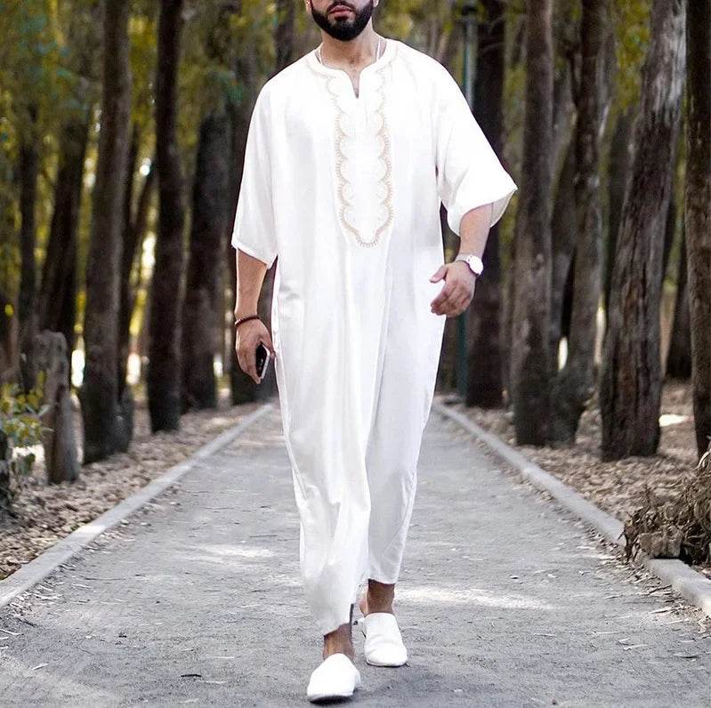 Men Muslim Summer Fashion Loose Robe Islam Kaftan Men Clothing Dubai Luxury Muslim Abaya Muslim V-neck Short Sleeve Printing - AIAZ