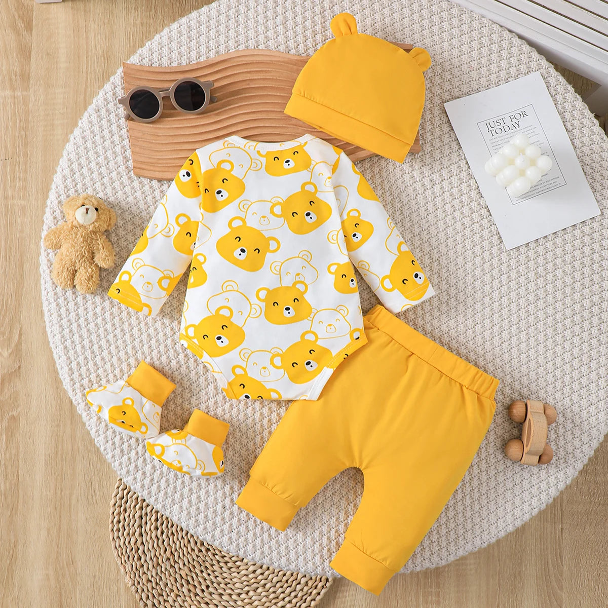 0-9 Months Baby Boy Set Little Bear Long Sleeve Bodysuit+Pants+Hat+Socks 4pcs/Set Baby Spring Autumn clothing Newborn set