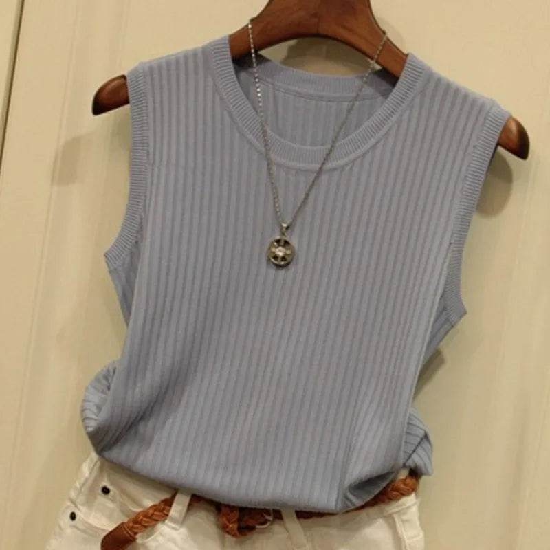 2025 Summer New Fashion Knitted Vests O-neck Sleeveless Casual Thin Tops Sleeveless Blouse Women Shirt - AIAZ