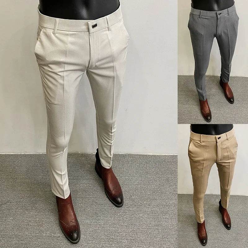 Men Suit Pants Formal Trousers Pantalone Hombre Stretch Slim Solid Color Casual Dress Full Length Pants Fashion New Men Clothing - AIAZ