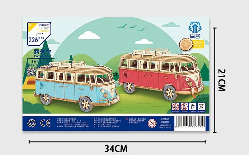 Retro Bus European-style Campervan 3D Wooden Car Puzzle DIY Sailing Ship Airplane Building House Model Jigsaw Toys For Children - AIAZ