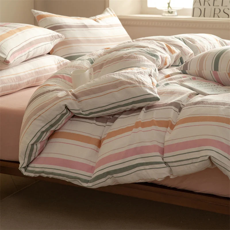 Striped Duvet Cover Set Queen 100% Washed Cotton Bedding Set, Luxury Soft Pink Vertical Ticking Stripes Comforter Cover, (3pcs)