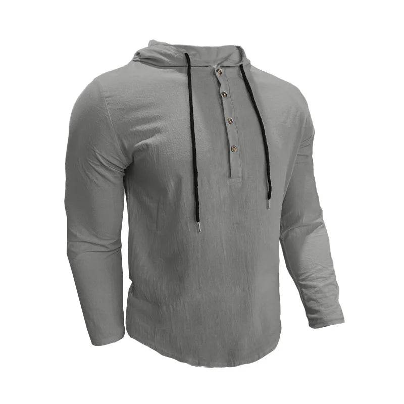 24 New cotton and linen shirts hooded loose large size casual sweater long sleeve hoodie men - AIAZ