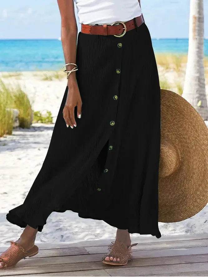 Women Skirt 2025 Spring Summer New Fashion Casual Cotton And Linen Solid Color Buttons Skirt Split A- Line Hip Waist Long Skirt - AIAZ