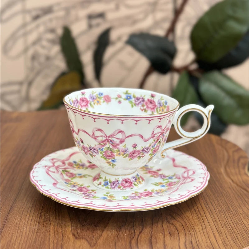 Ceramic Cup and Saucer Retro Bone China Coffee Cup French Romantic Elegant Floral Bow Afternoon Tea Drinkware Handmade Teapot
