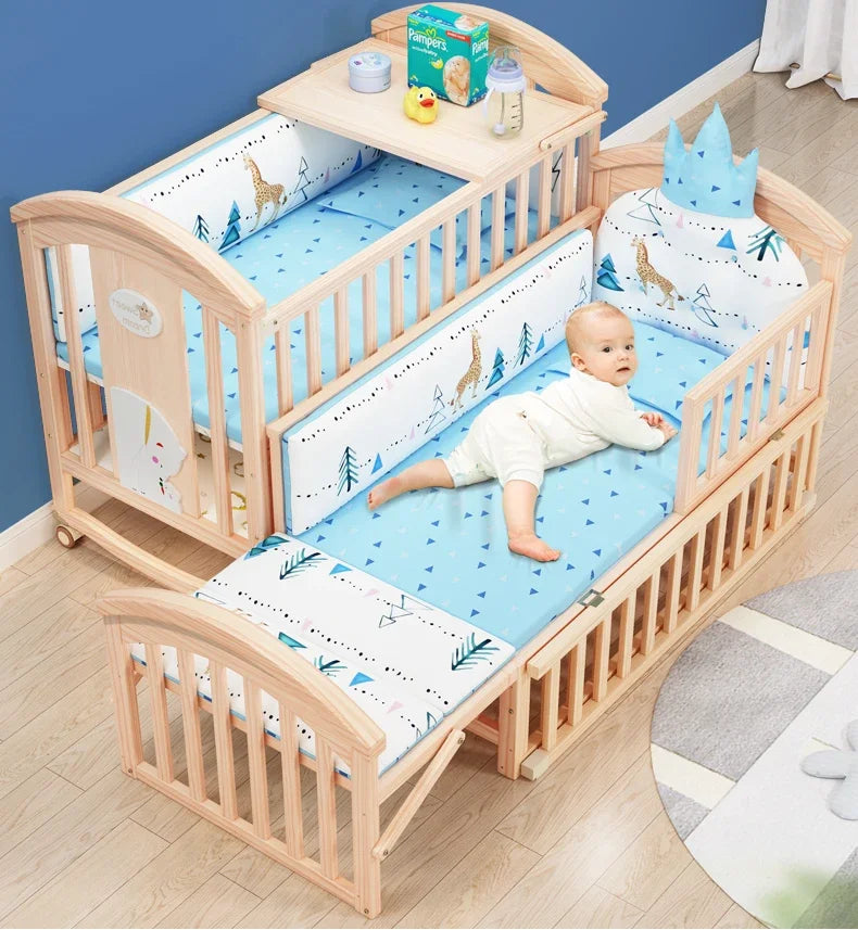 Baby Crib Multifunctional BB Baby Crib Solid Wood Unpainted Cradle Bed Movable Newborn Children Splicing Large Bed