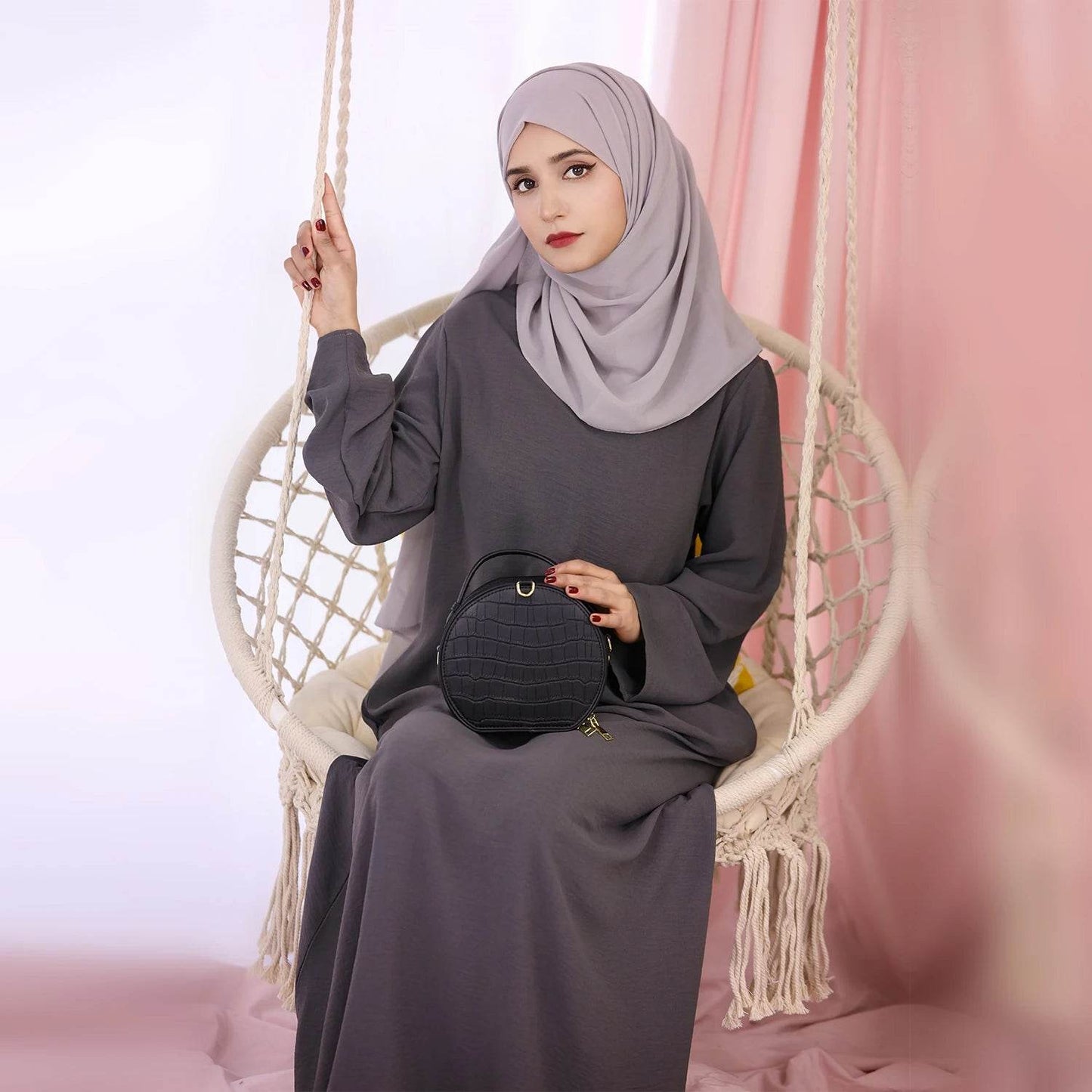 2025 Fashion Simple Muslim Dress Solid Abaya Arab Turkey Dubai Kaftan Modest Long Sleeve Maxi Dress Islamic Clothing LR593 - AIAZ