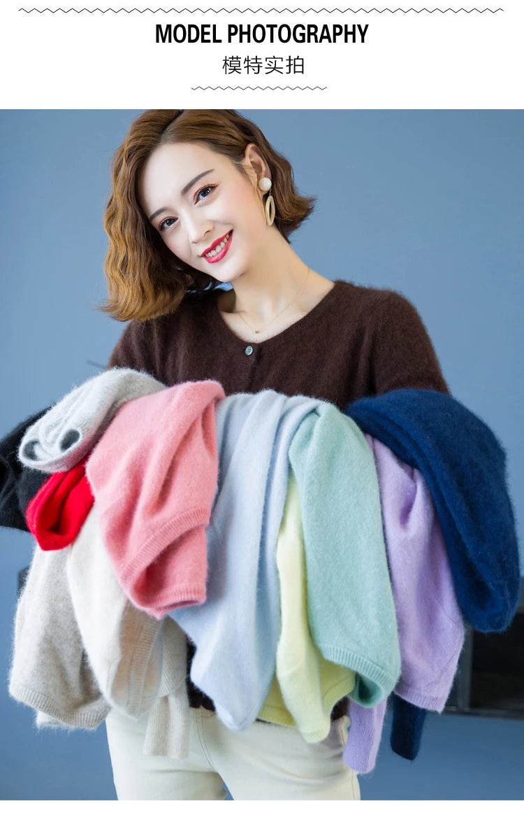 Women Cardigan Large Size Warm Pure Mink Cashmere Sweaters O-neck Loose Coat Female Sweater Ladies' Jacket Solid Knit Cardigans - AIAZ