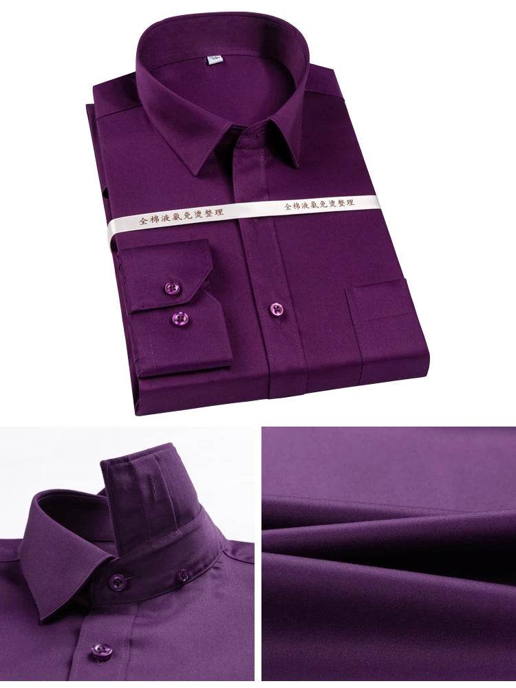 Men's Non Iron Standard-fit Solid Basic Dress Shirt Formal Business Premium 100% Cotton Male Long Sleeve Work Office Shirts - AIAZ