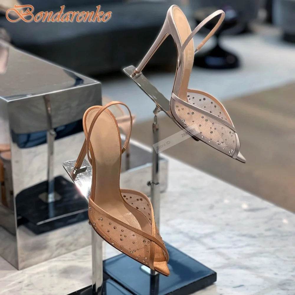 Mesh Crystal Slingback Sandals Peep Toe Shallow Solid Stiletto Heels Sandals Women Sexy Shoes Summer Party Designer Big Size New - AIAZ