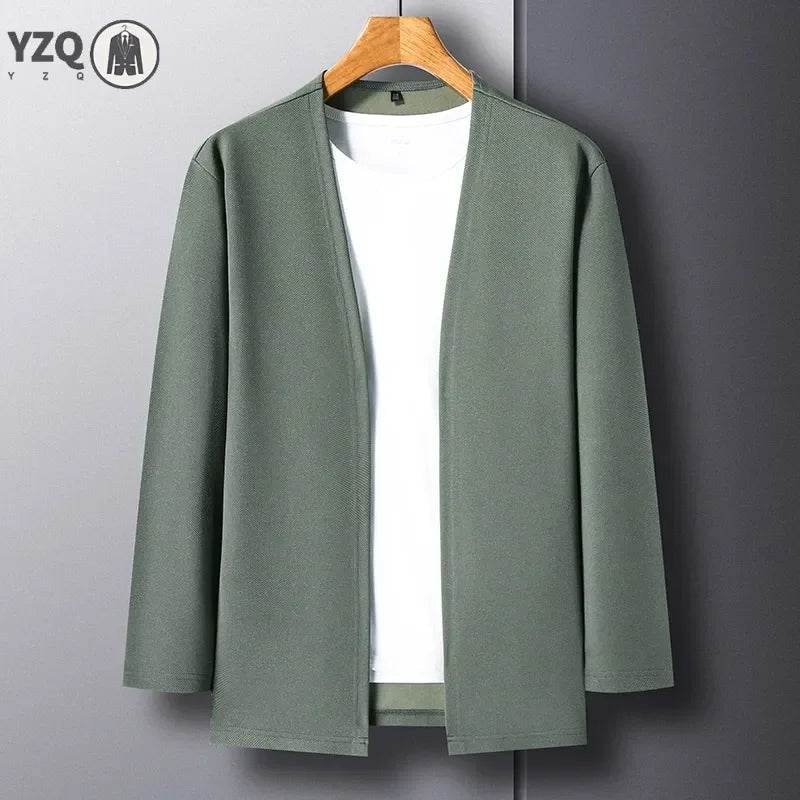 New Men's Casual Solid Color Long Sleeved Cardigan Cloak Spring and Autumn Fashionable Comfortable Top - AIAZ