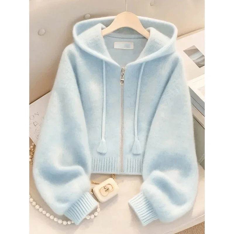 New Soft Blue Cardigan Sweaters Women Long Sleeve Elegant Knitted Jacket Sweet Design Female Casual Hooded Outwear Tops - AIAZ