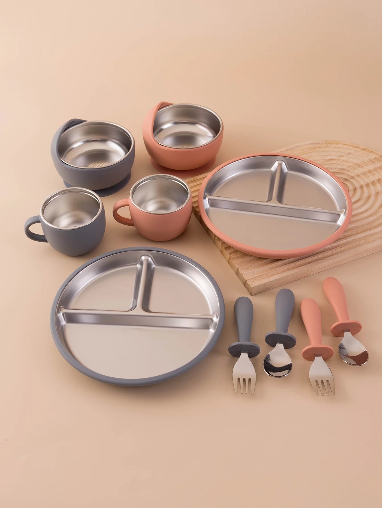 5PCS Stainless Steel Detachable Dishes Plate Baby Feeding Set With BPA Free Silicone Bowl Cup Infant Training Fork Spoon Gifts