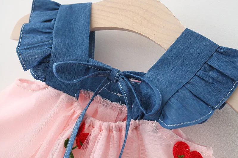 Summer Girl Dress Denim Fly Sleeved Bow Cute Cherry Colored Mesh Princess Dress Suitable for Babies Aged 0-3
