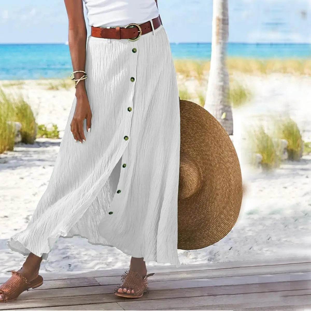 Women Skirt 2025 Spring Summer New Fashion Casual Cotton And Linen Solid Color Buttons Skirt Split A- Line Hip Waist Long Skirt - AIAZ