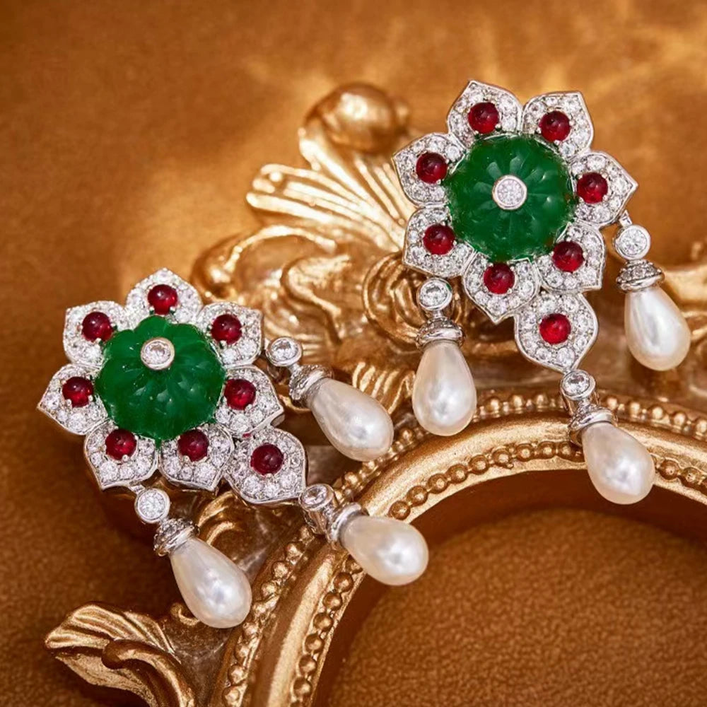 Dubai Fashion White Pearl Sythetic Green Chalcedony Tassel Beads Chain Necklaces Earrings Luxury Designer Jewelry for Women