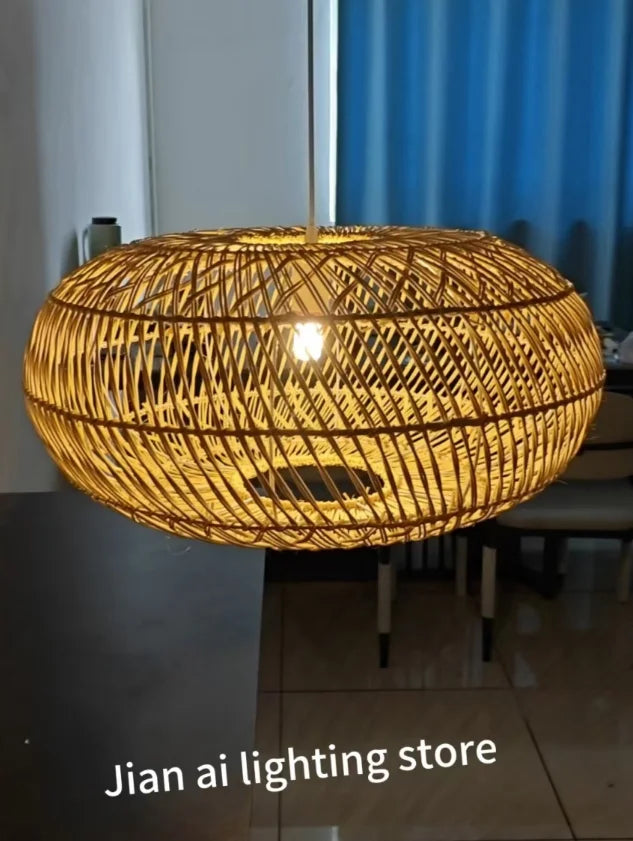 Japanese Style Wooden Woven Handmade Pendant Lights Restaurant Bedroom Study Room Chandelier Pastoral Rattan Tatami Chandeliers